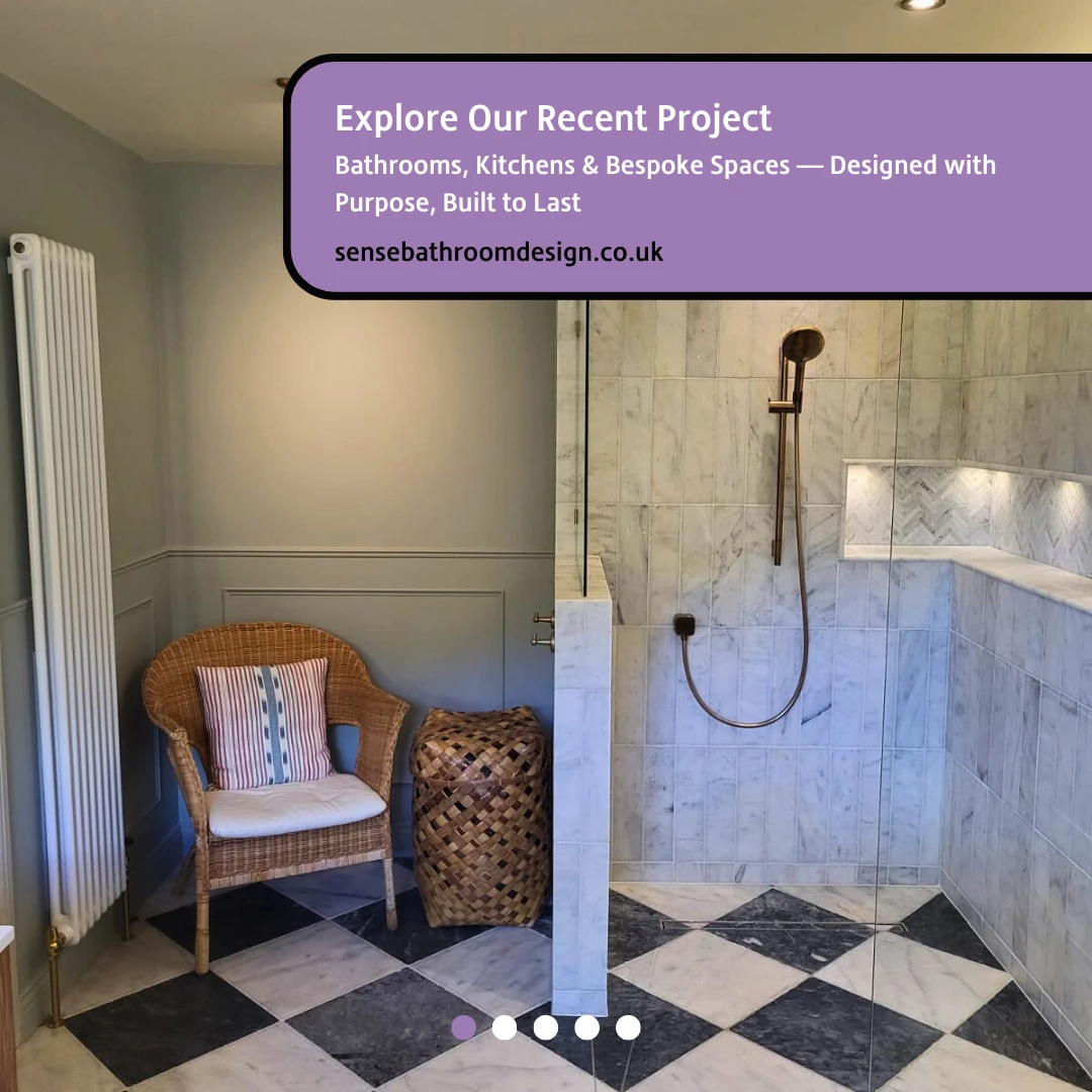 Bathroom campaign introduction with a walk-in shower and project headline